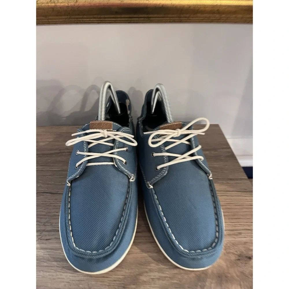 OluKai Women's 9 Heleuma Boat Shoes White Laces Blue Canvas W1